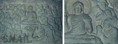 梵天の勧請（ナーガルジュナ・コンダ考古博物館、3世紀）
